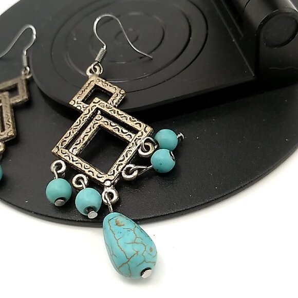 Turquoise Antique Silver Dangle Earrings 2.25" Drop - Picture 7 of 14